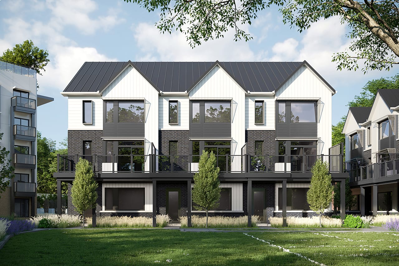 Rendering of Rainwater Condos exterior townhouse row front