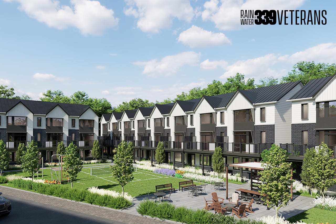 Rendering of Rainwater Condos exterior towns courtyard