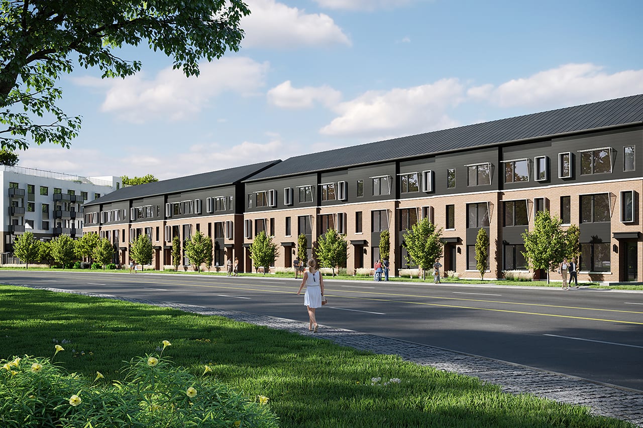 Rendering of Rainwater Condos exterior towns walking path