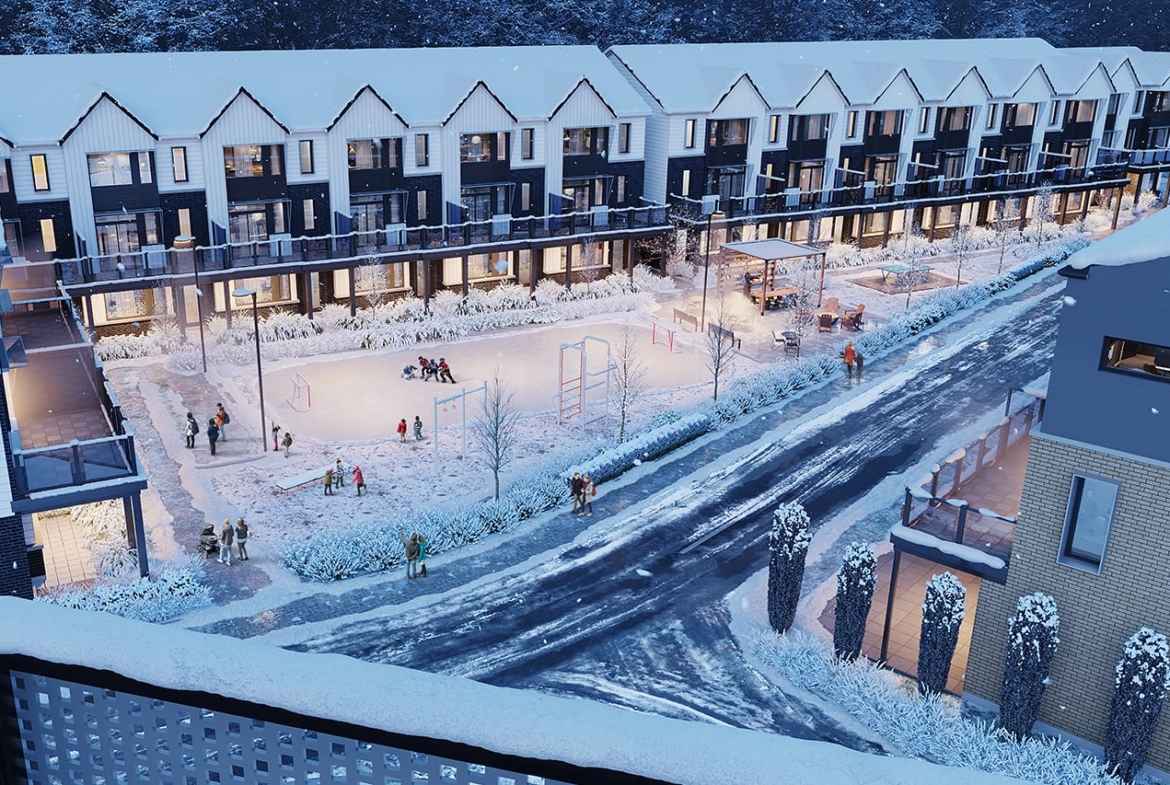Rendering of Rainwater Condos exterior towns aerial in winter