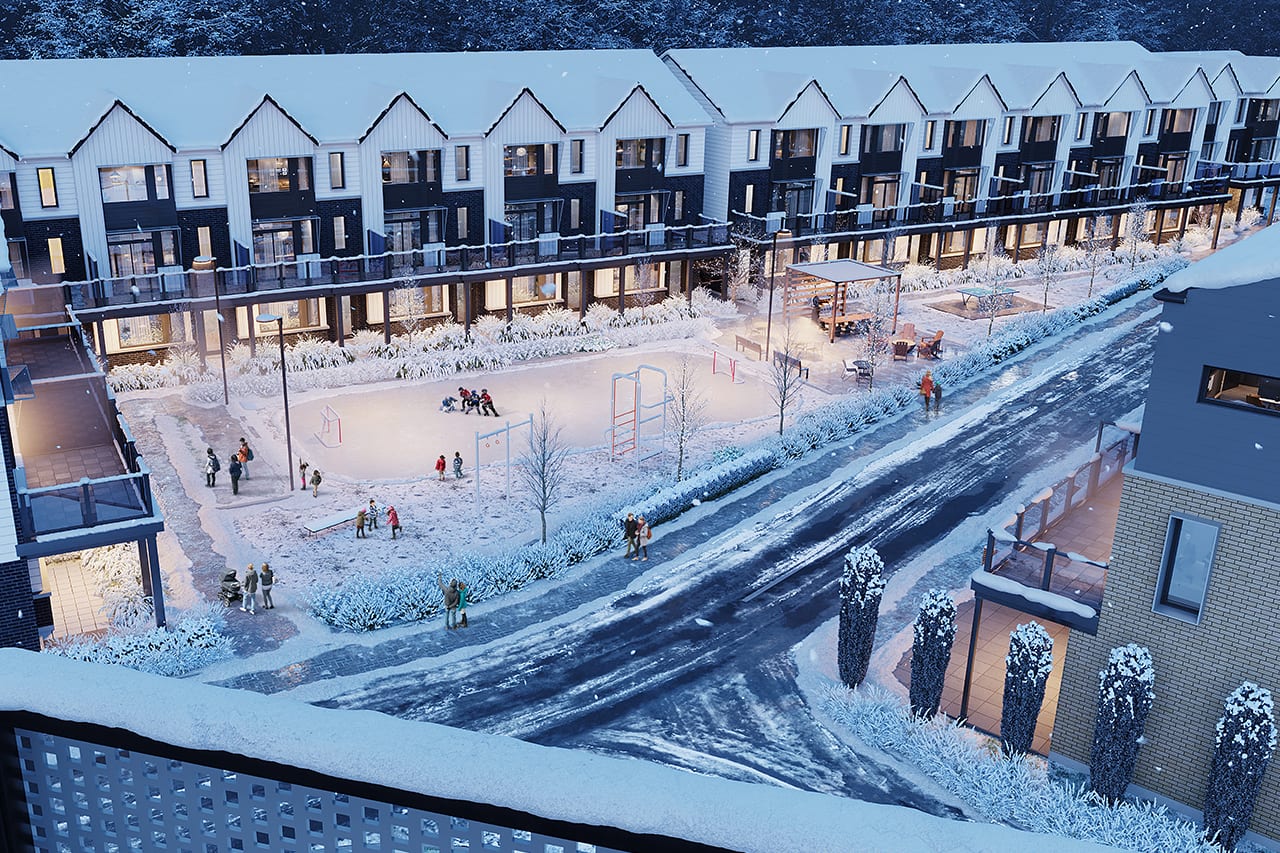 Rendering of Rainwater Condos exterior towns aerial in winter
