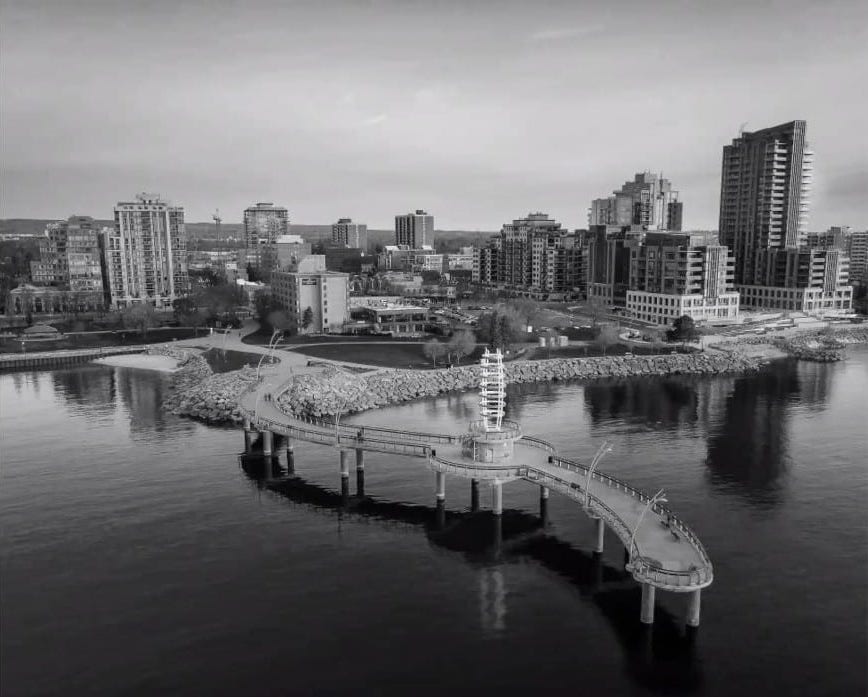 Downtown Burlington Ontario waterfront pier in black and white