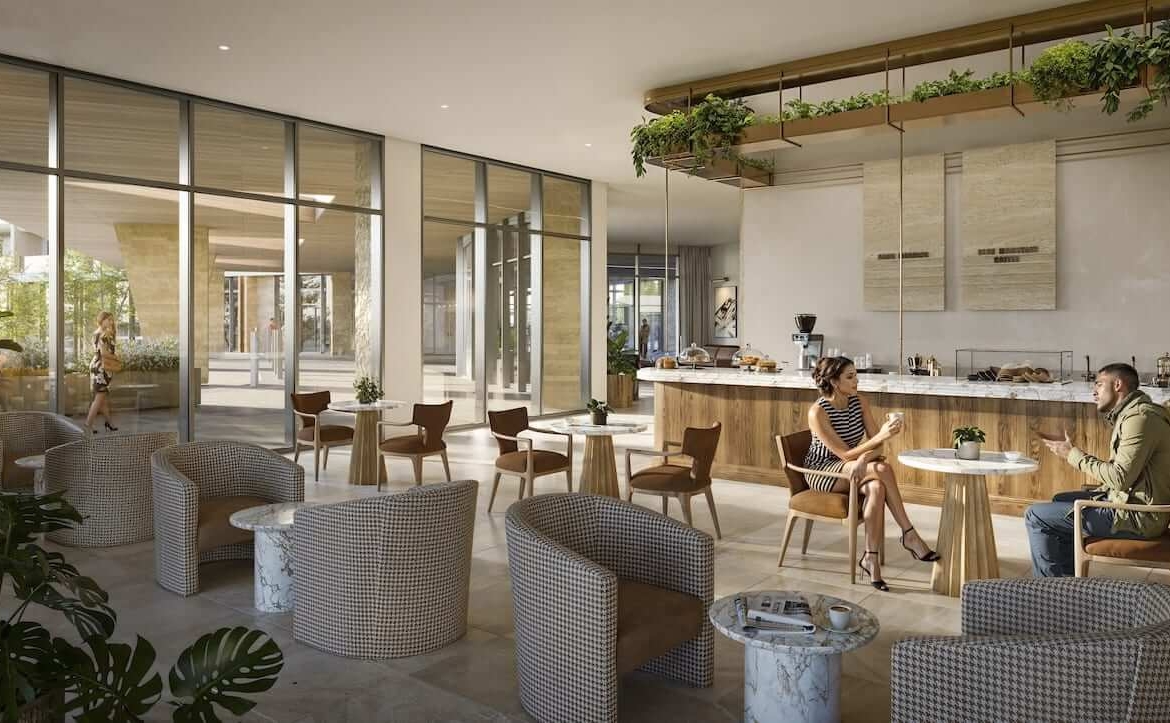 Rendering of Freed Blue Mountain Residences lobby with cafe