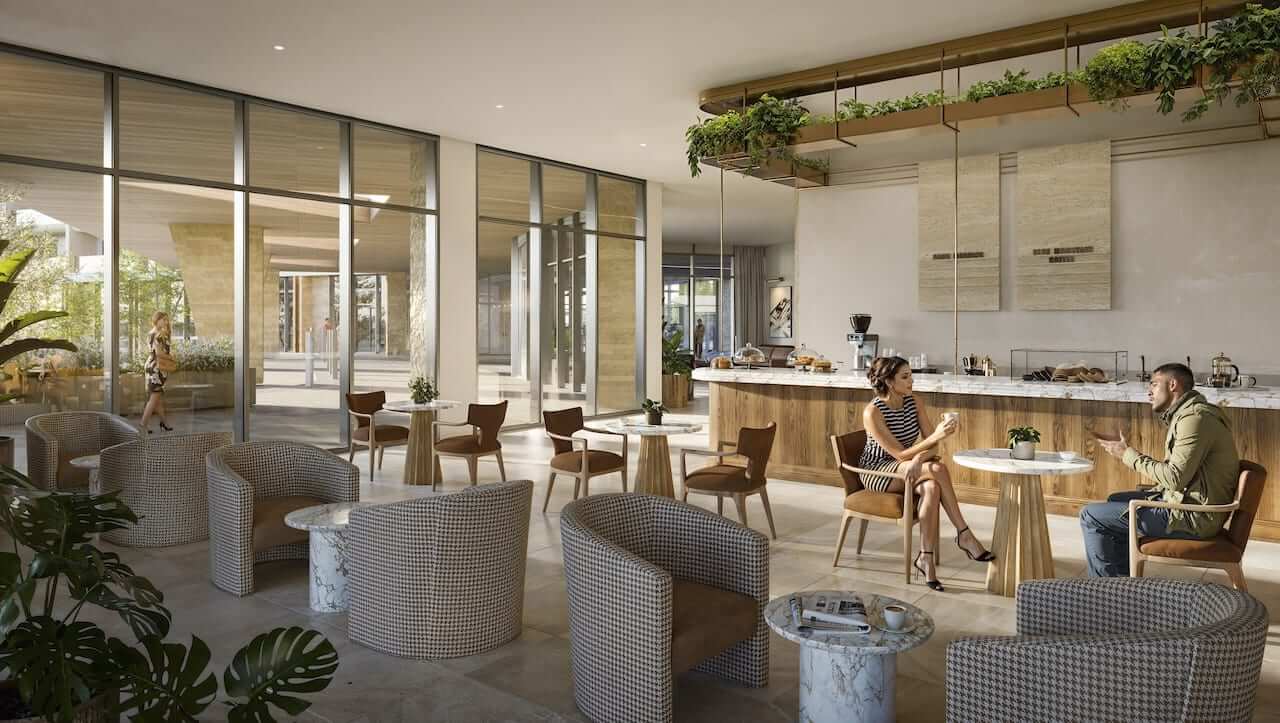 Rendering of Freed Blue Mountain Residences lobby with cafe