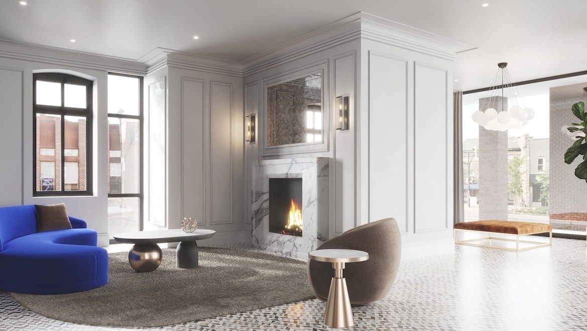 Rendering of McGibbon on Main Condos lobby with fireplace