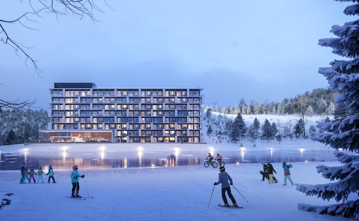 Aerial rendering of Horseshoe Residences in the evening during the winter.