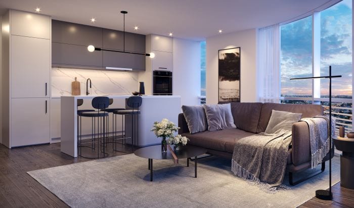 Rendering of Park Place Condos interior suite living room dark