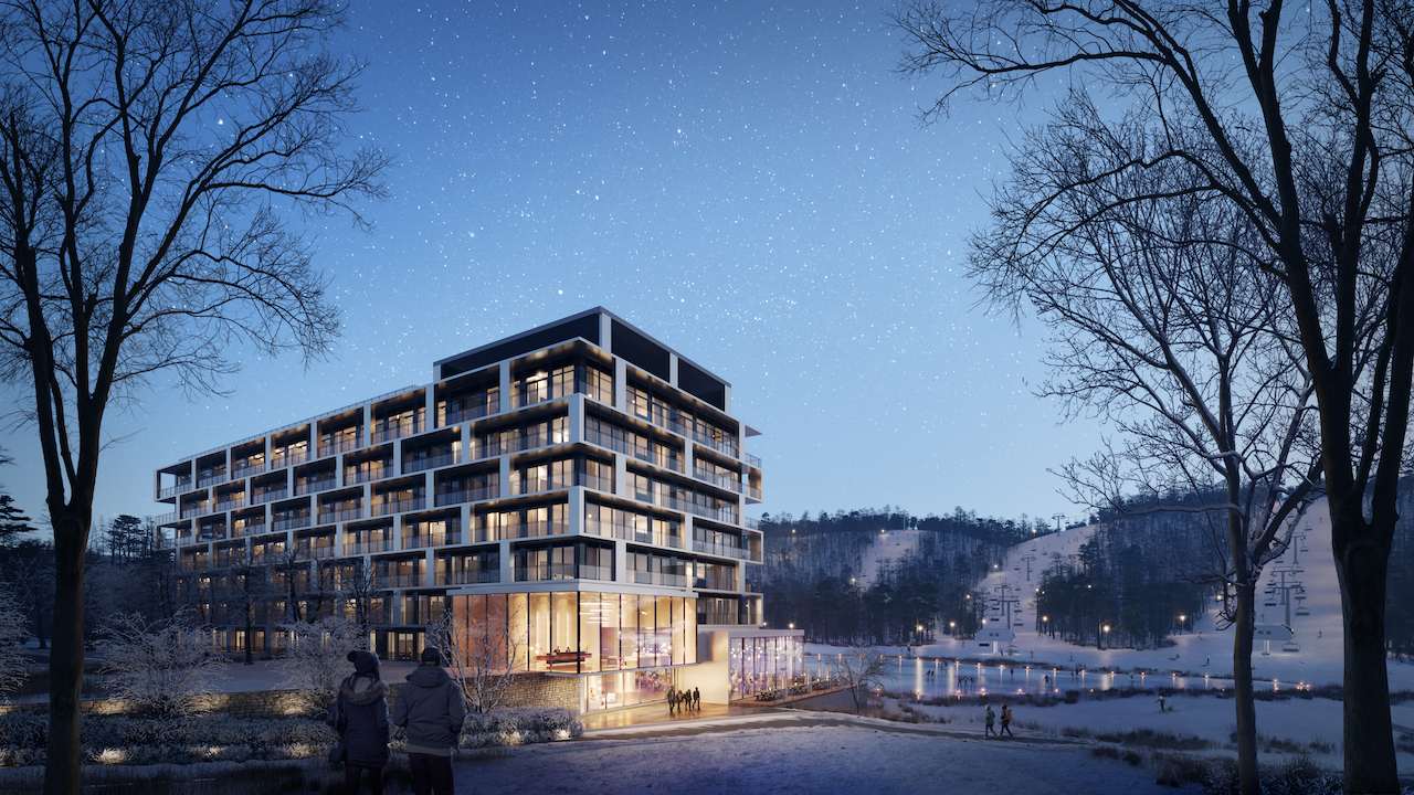 Exterior rendering of Horseshoe Residences at night in winter