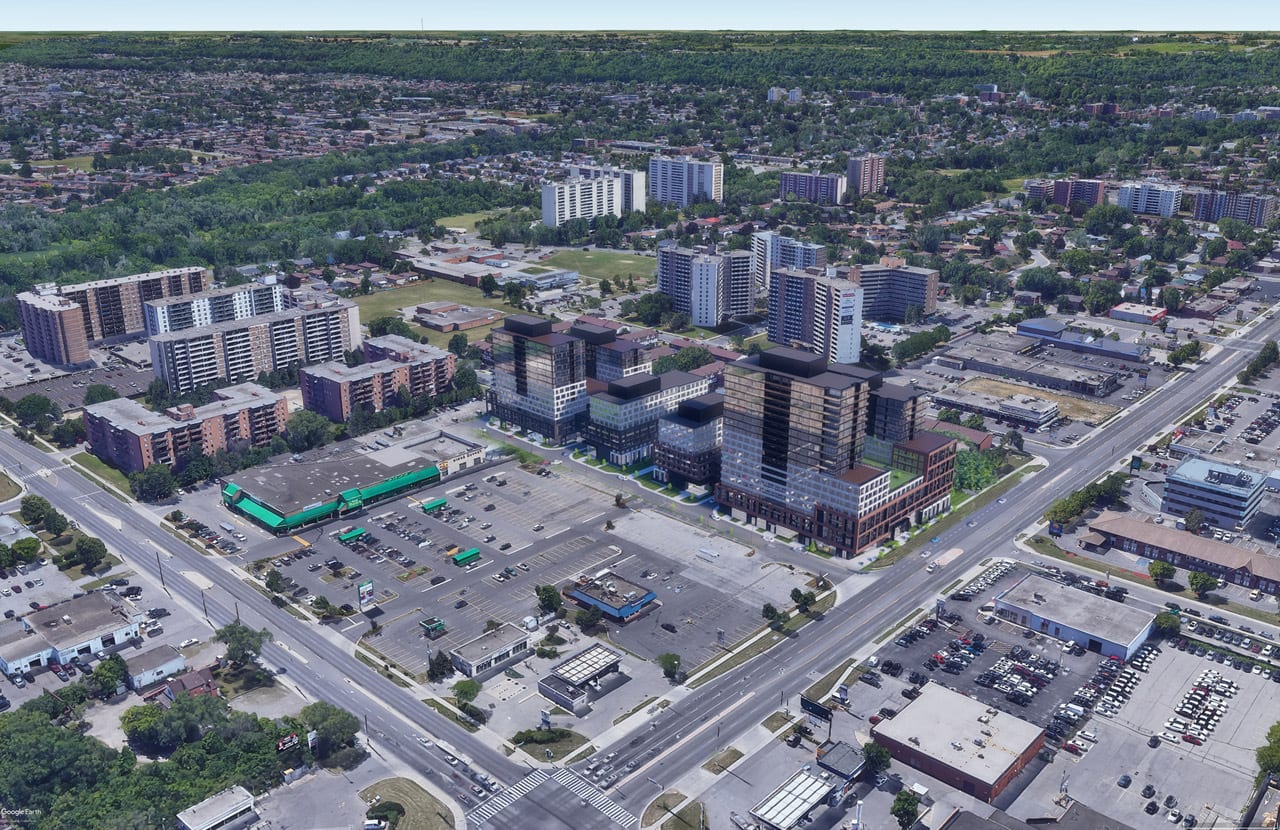 Aerial close up rendering of Parkway Plaza Condos