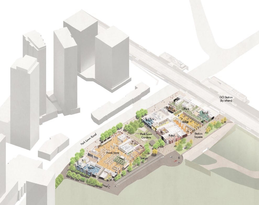 Rendering of Station Square + Park Lawn Gardens site plan aerial