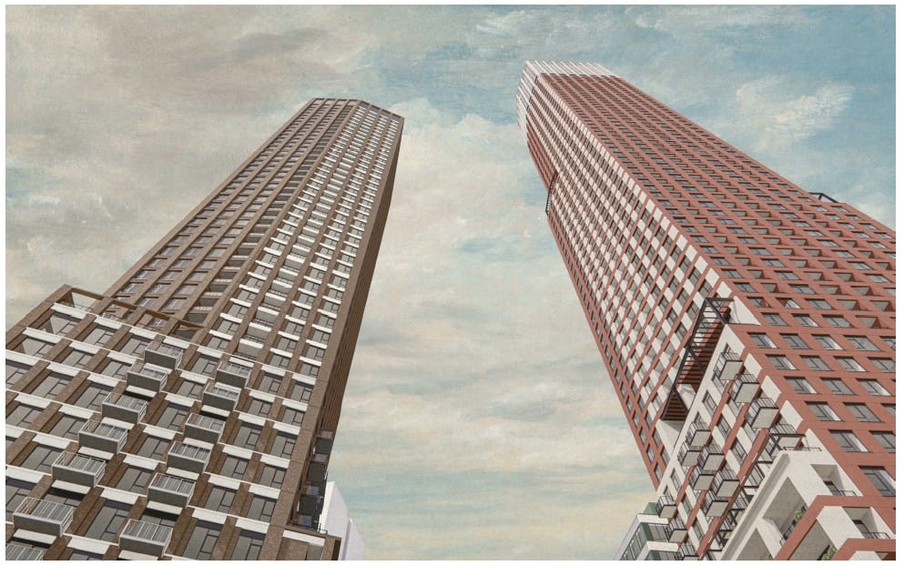 Rendering of Station Square + Park Lawn Gardens exterior worms-eye-view