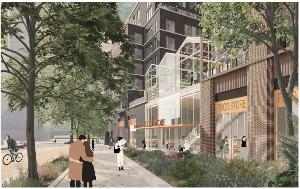 Rendering of Station Square + Park Lawn Gardens exterior ground-floor retail