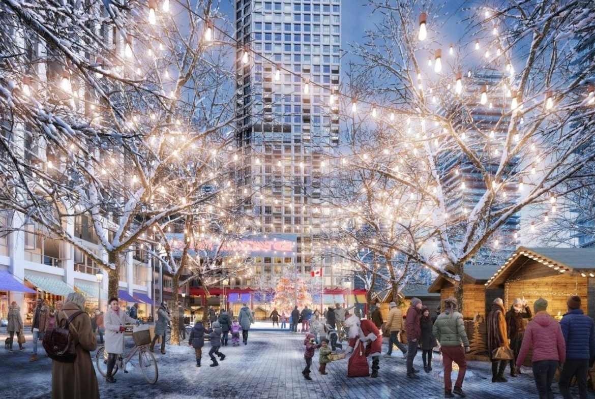 Rendering of 2150 Lake Shore Condos street at night in winter