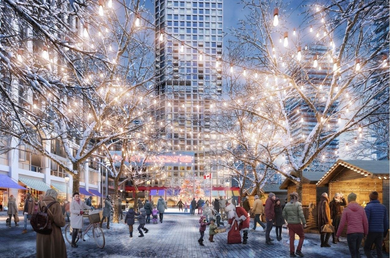 Rendering of 2150 Lake Shore Condos street at night in winter