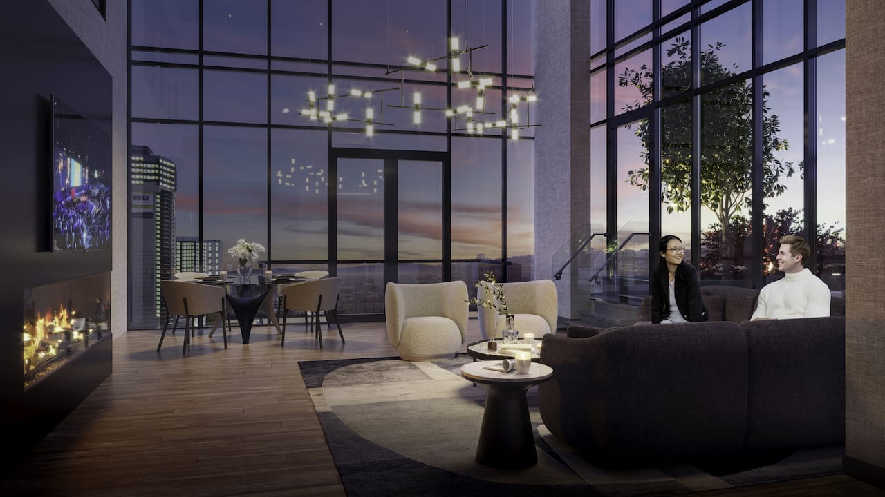 Rendering of 75 James condos interior event lounge at night