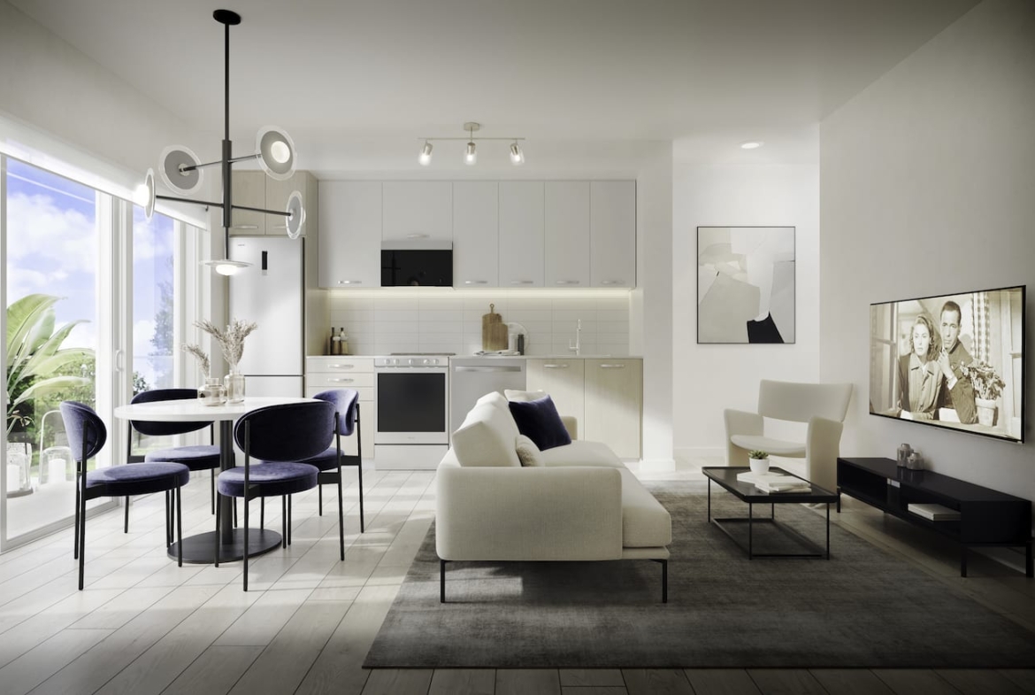 Rendering of 75 James condos suite interior open-concept kitchen, living and dining room