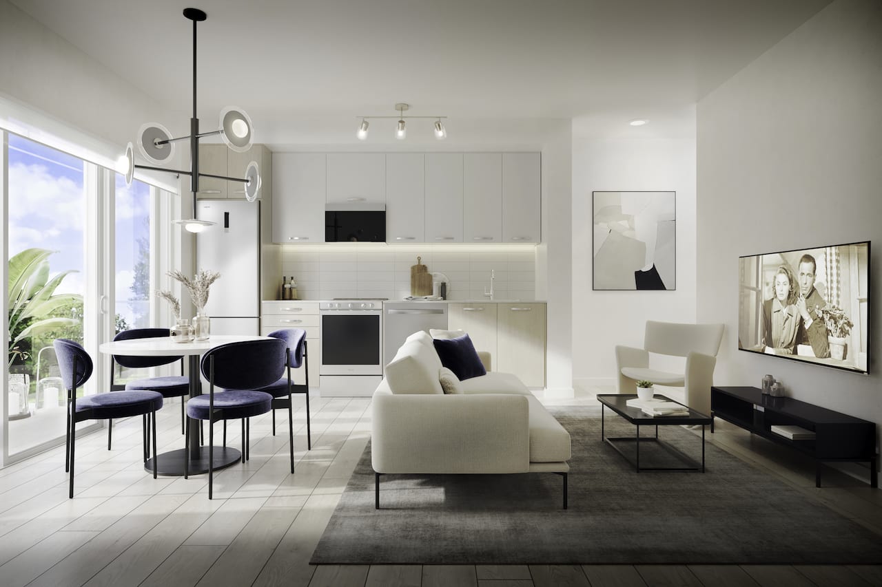 Rendering of 75 James condos suite interior open-concept kitchen, living and dining room