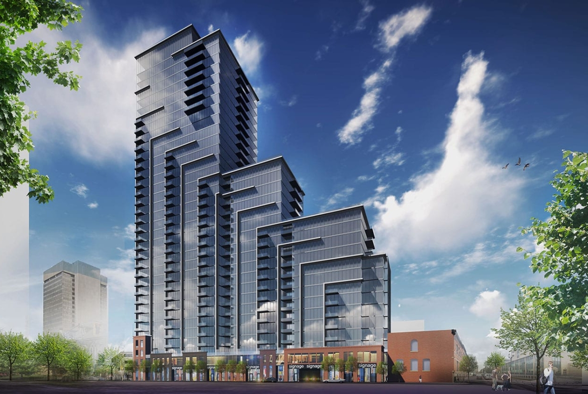Exterior rendering of 75 James Condos in Hamilton