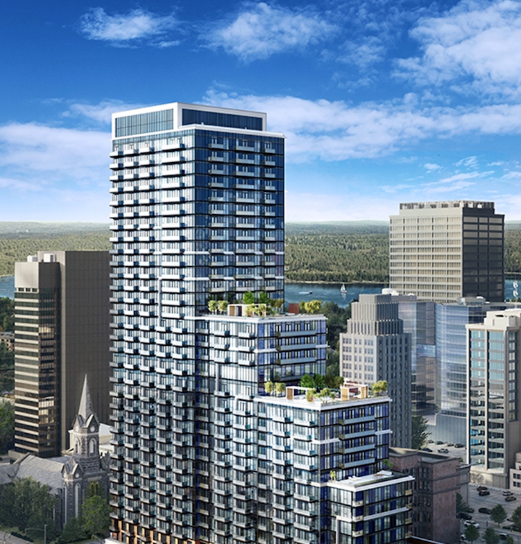 Exterior aerial rendering of 75 James Condos