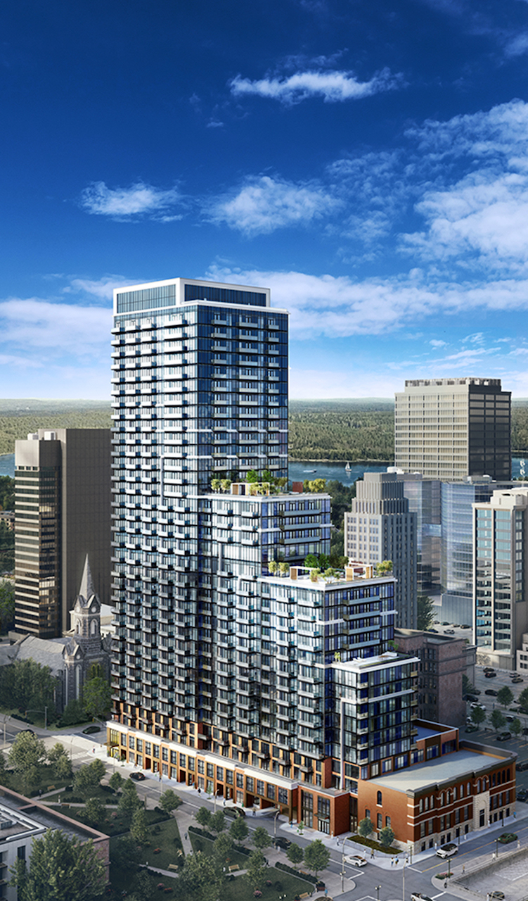 Exterior aerial rendering of 75 James Condos
