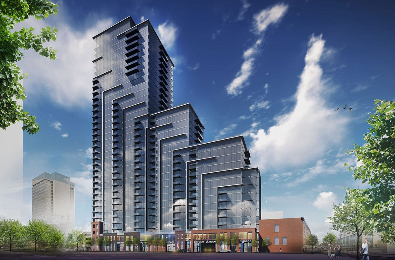 Exterior rendering of 75 James Condos in Hamilton