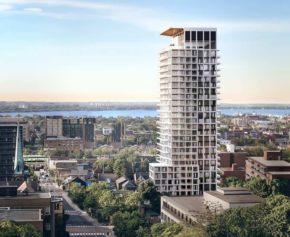 Corktown Condos exterior aerial looking North