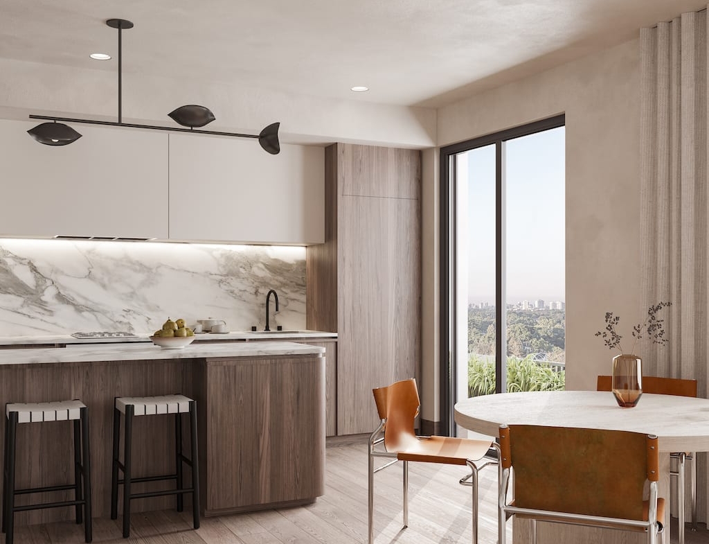 Rendering of Craft Residences suite interior kitchen and dining open-concept