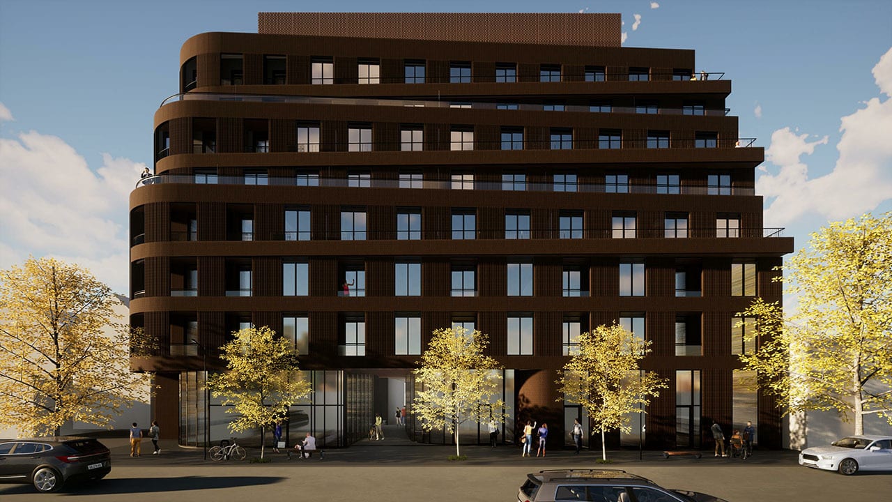 Rendering of Craft Residences exterior with streetscape