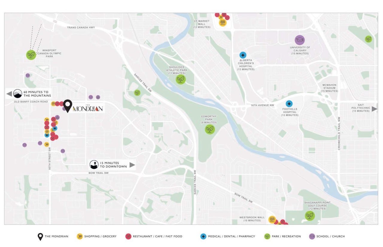 Map of local amenities at The Mondrian Condos in Calgary Alberta