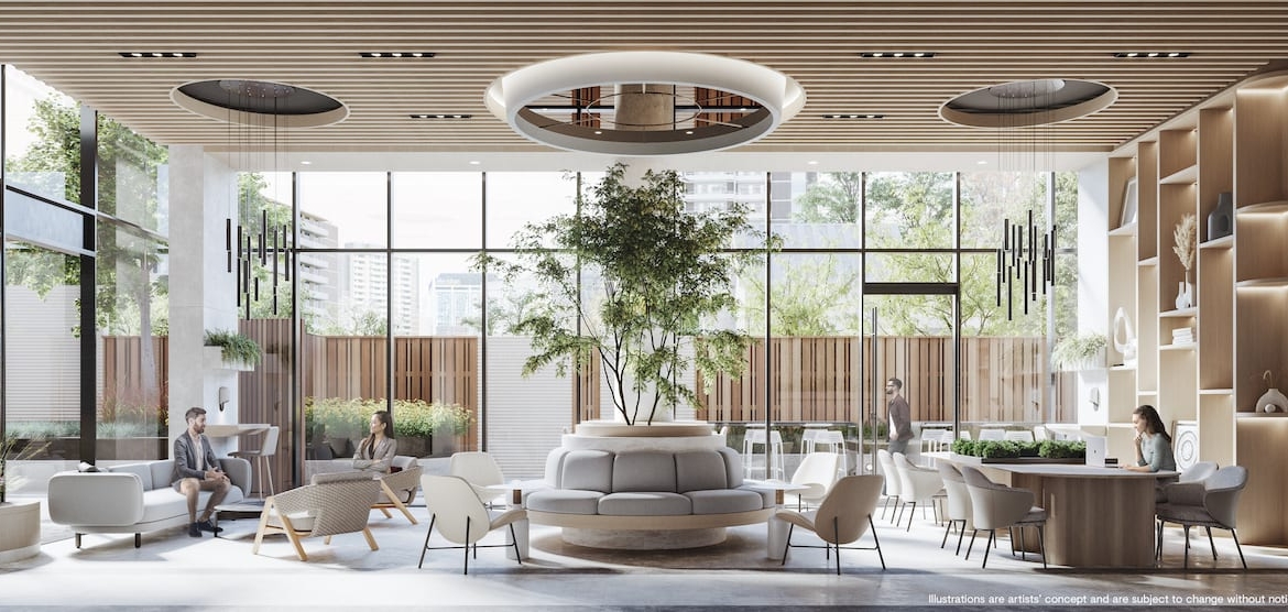 Rendering of CAVO Condos interior co-working space