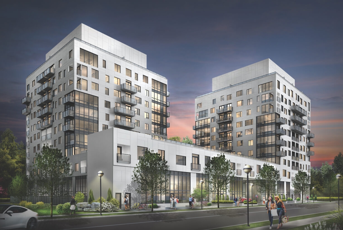 Rendering of Gemini Condos hero image exterior at night