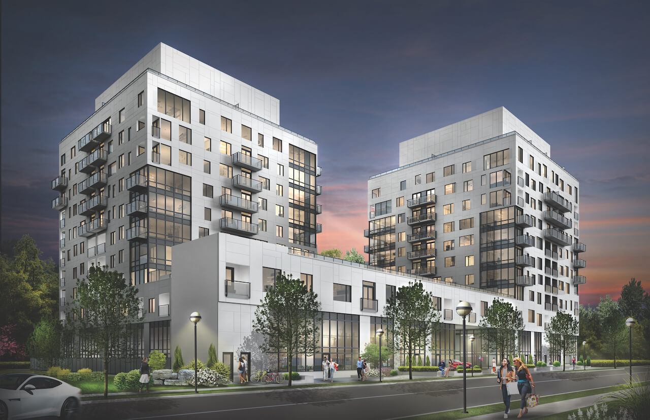 Rendering of Gemini Condos hero image exterior at night
