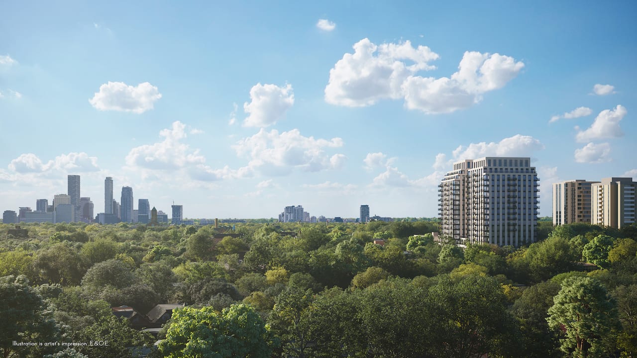 Rendering of South Forest Hill Condos aerial view with greenery