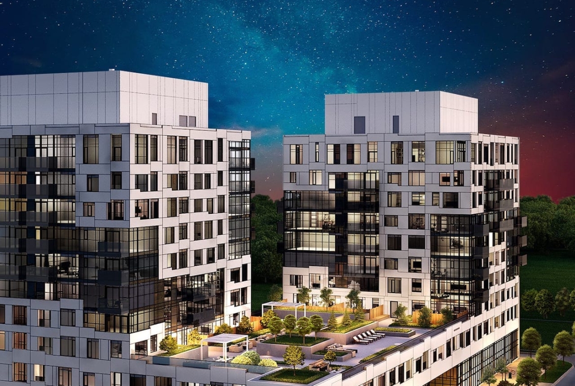 Rendering of Gemini Condos exterior at night