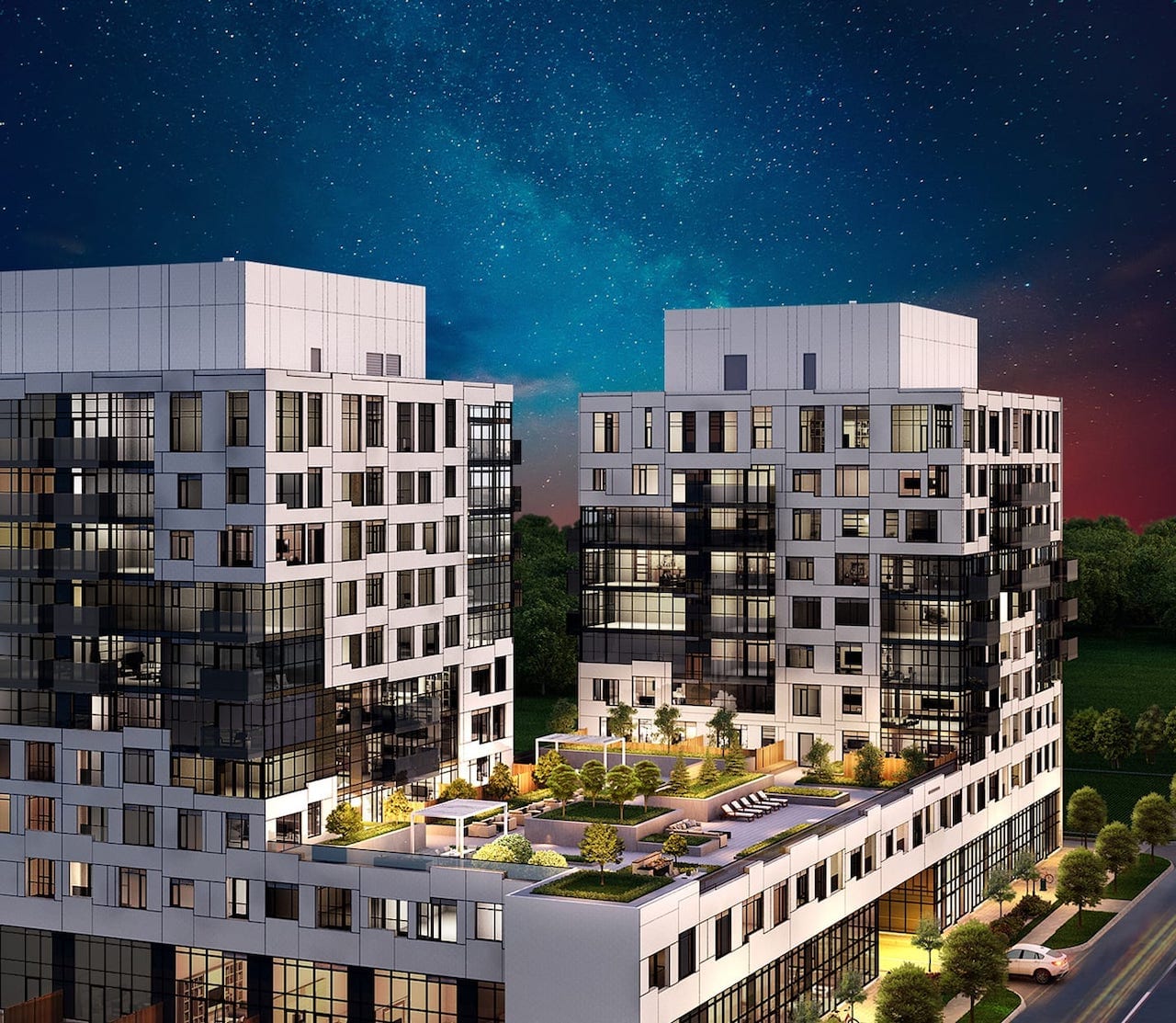 Rendering of Gemini Condos exterior at night