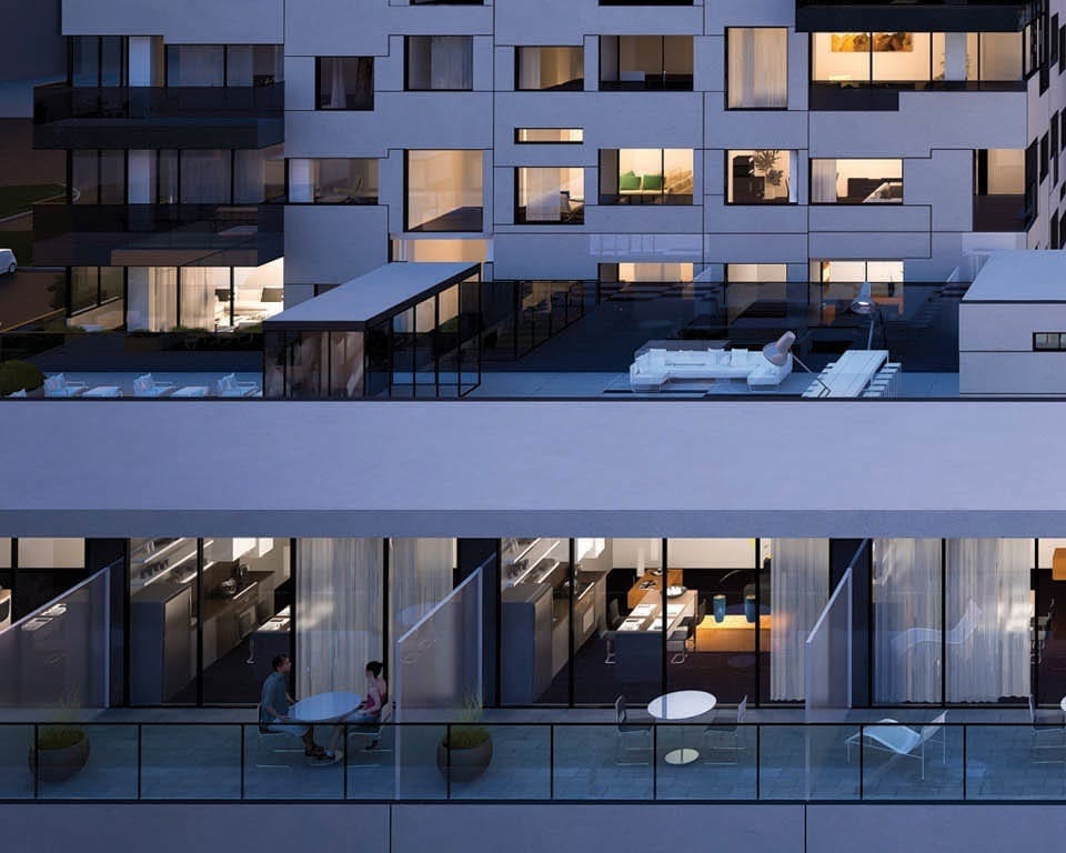Rendering of Gemini Condos exterior terrace and balconies