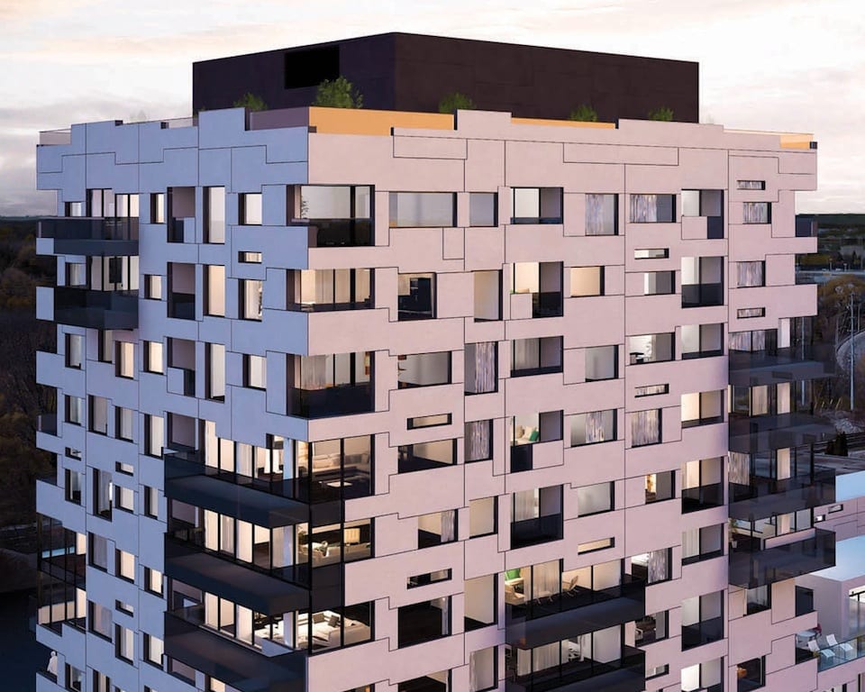 Rendering of Gemini Condos exterior tower close-up