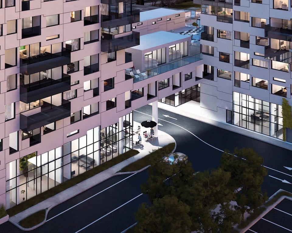 Rendering of Gemini Condos exterior roadway