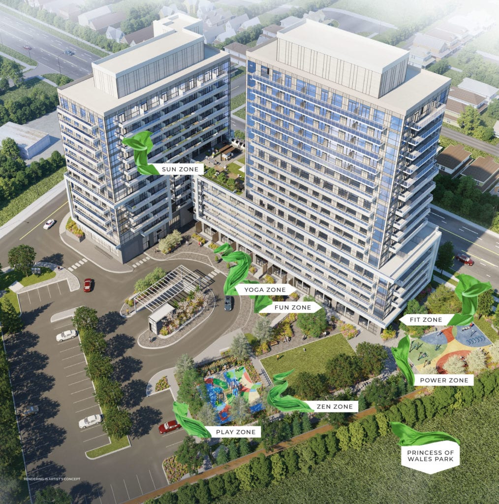 Rendering of Highmark Condos aerial with labelled zones