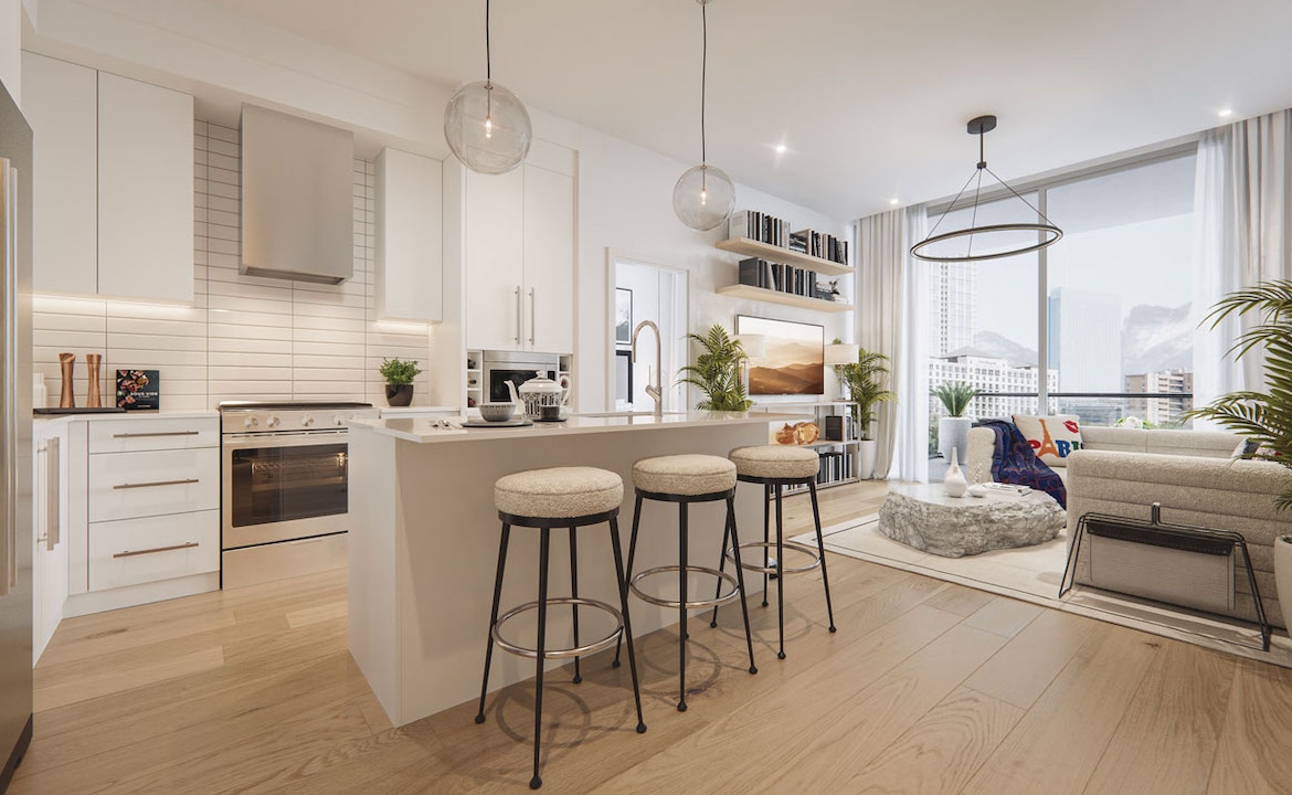Rendering of The Mondrian Condos suite interior light kitchen