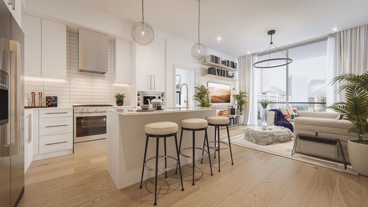Rendering of The Mondrian Condos suite interior light kitchen