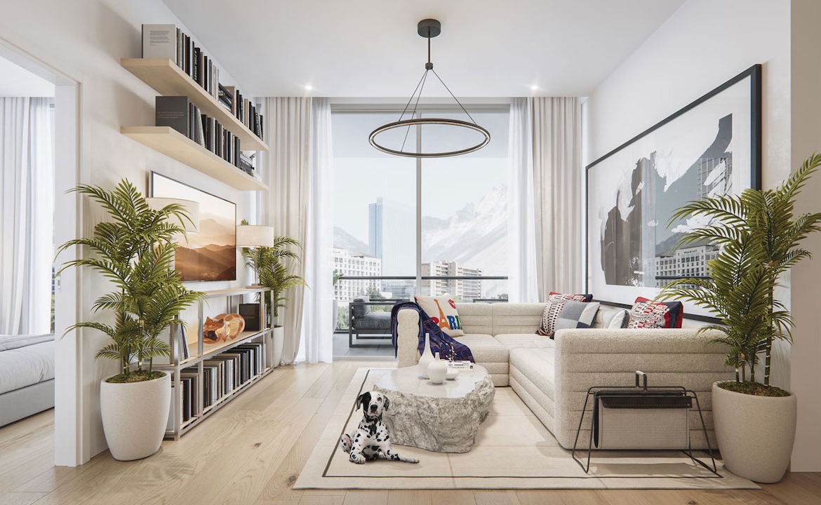 Rendering of The Mondrian Condos suite interior light living room