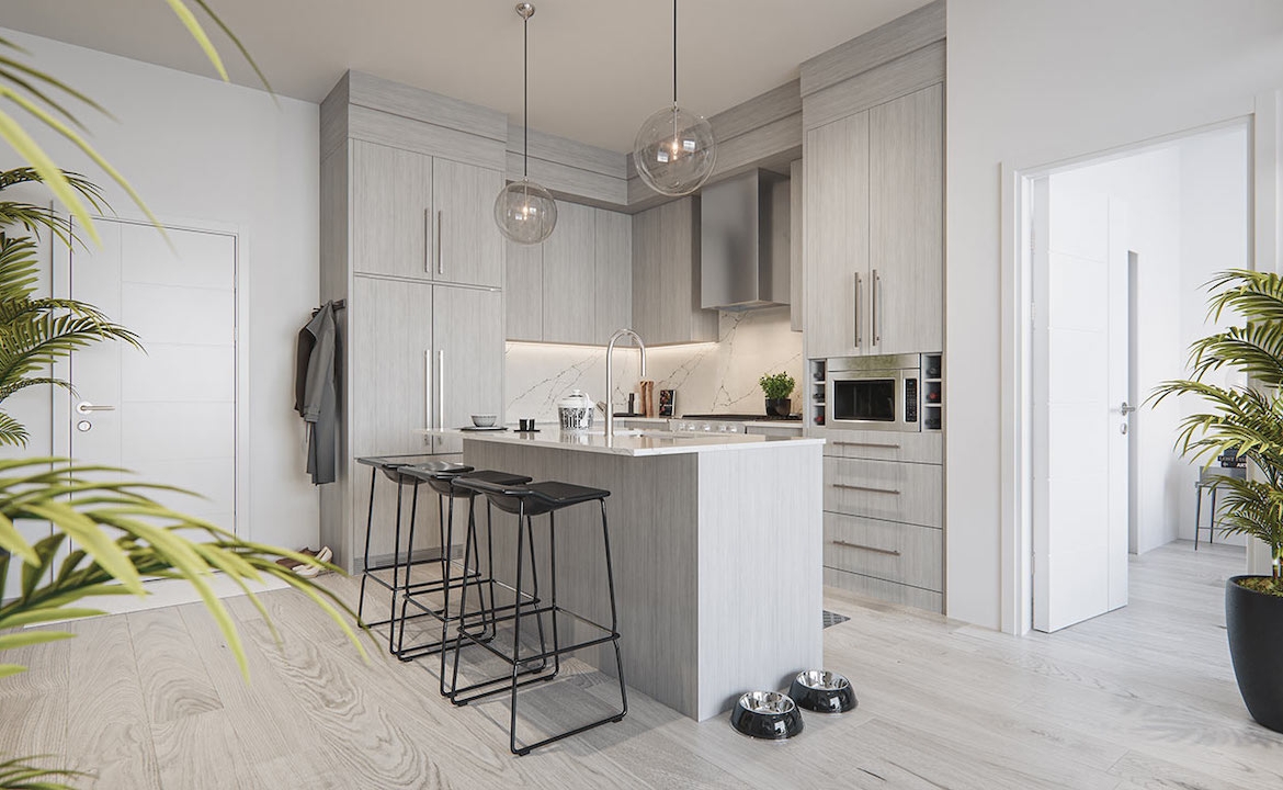 Rendering of The Mondrian Condos suite interior dark kitchen