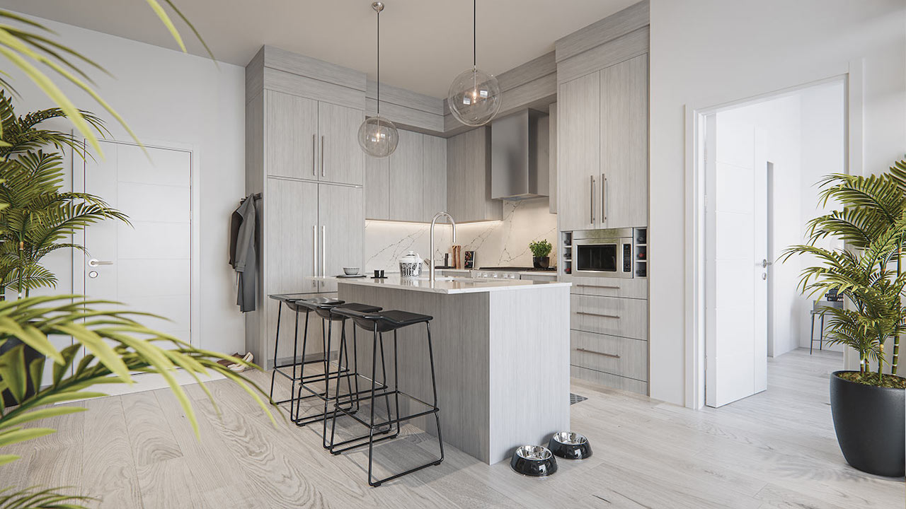 Rendering of The Mondrian Condos suite interior dark kitchen
