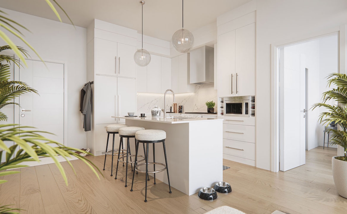 Rendering of The Mondrian Condos suite interior light kitchen with island