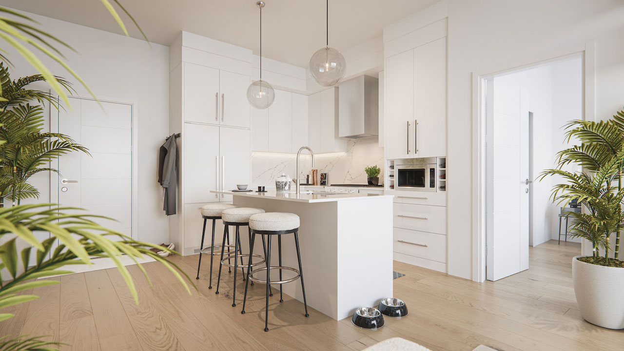 Rendering of The Mondrian Condos suite interior light kitchen with island