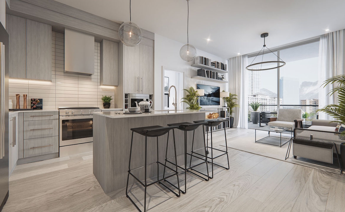 Rendering of The Mondrian Condos suite interior dark kitchen with island