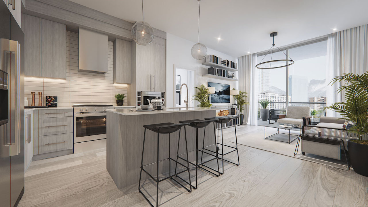 Rendering of The Mondrian Condos suite interior dark kitchen with island