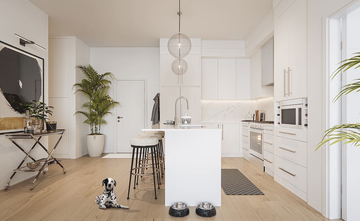 Rendering of The Mondrian Condos suite interior light kitchen