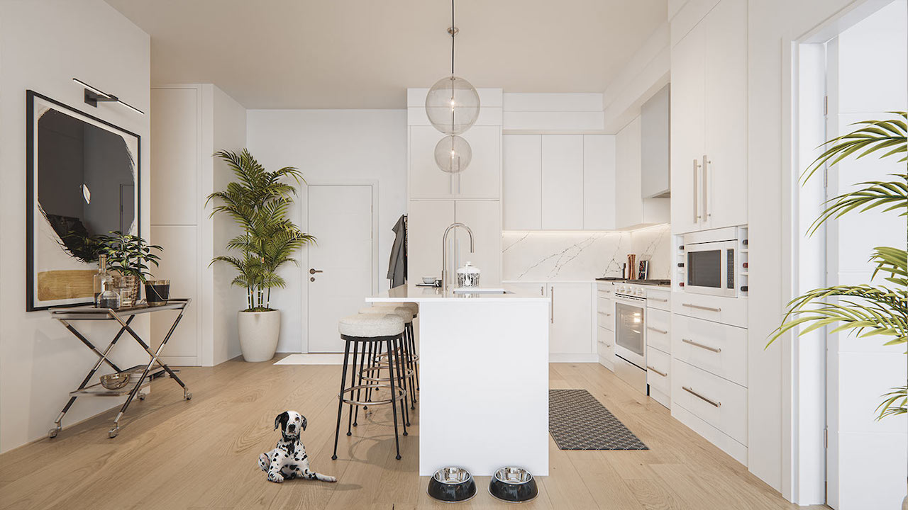 Rendering of The Mondrian Condos suite interior light kitchen